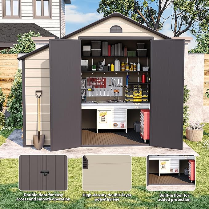 8.5 ft. W x 6.3 ft. D Resin Outdoor Patio Storage Shed with Firewood Rack, Floor and Lockable Door