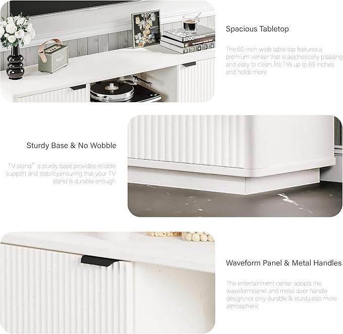 60'' Fluted TV Stand, Console Table, Mid Century Modern Curved TV Stands with Water Wave Shaped Door, Entertainment Center with Metal Handle, Living Room (Antique White Wood Grain)