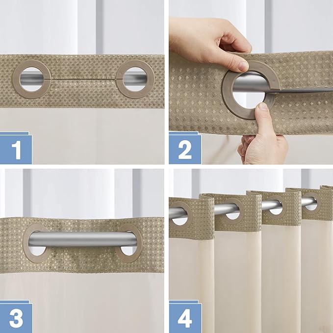 Furlinic Waffle Weave No Hook Shower Curtain with Snap in Fabric Liner Set,Heavy Duty Textured Bathroom Curtain with See Through Window,Waterproof & Machine Washable,Hotel Style,Beige,71x75 Inch