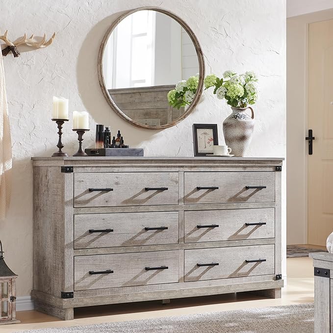 Farmhouse 6 Drawers Dresser for Bedroom, Large Chest of Drawers with Thick Plank Styling, Wood Rustic Closet Dresser for Bedroom, Living Room, Light Rustic Oak Color