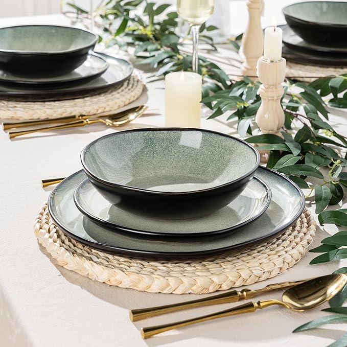 AmorArc Ceramic Dinnerware Sets,Handmade Reactive Glaze Stoneware Plates and Bowls Set,Highly Chip and Crack Resistant | Dishwasher & Microwave Safe Dishes Set,Service for 4 (12pc)