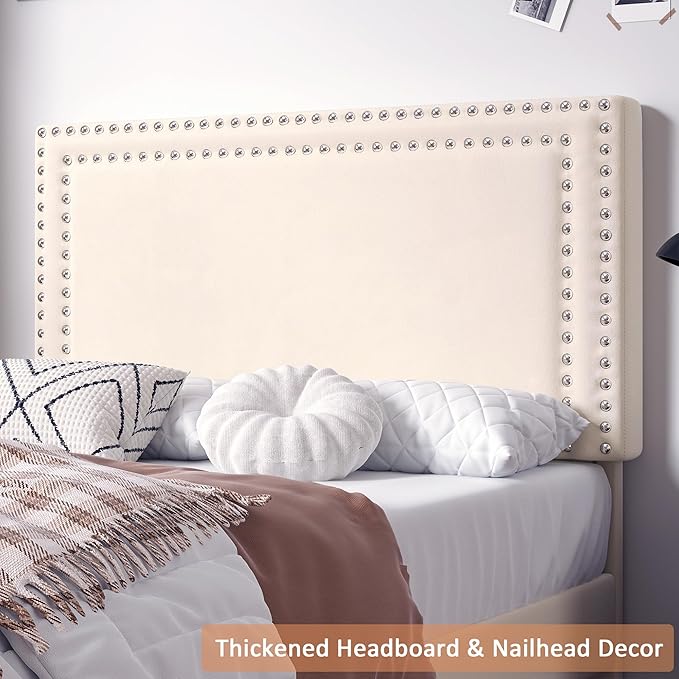 VECELO Twin Size Bed Frame with Adjustable Upholstered Headboard, Strong Wood Slats Platform Support, No Box Spring Needed, Easy Assembly