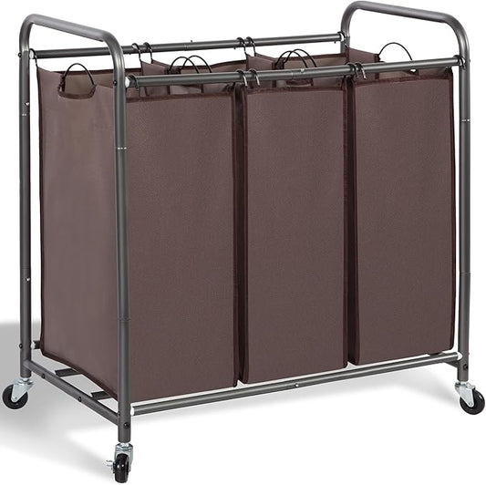 STORAGE MANIAC 3 Section Laundry Sorter, 35.9 Gal (136 L) Laundry Hamper Cart with Heavy Duty Rolling Lockable Wheels and Removable Bags, Clothes Organizer Basket Clothes Separator Hamper, Brown