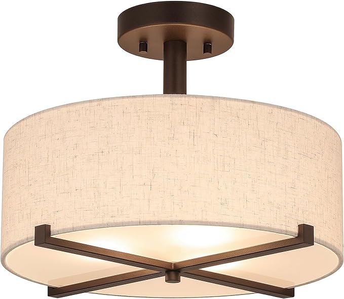 XiNBEi Lighting 3 Light Semi Flush Mount Ceiling Light Fixture, Drum Light with Fabric Shade, Modern Close to Ceiling Lamps for Bedroom, Dining Room, Kitchen, Hallway, Entry, Foyer