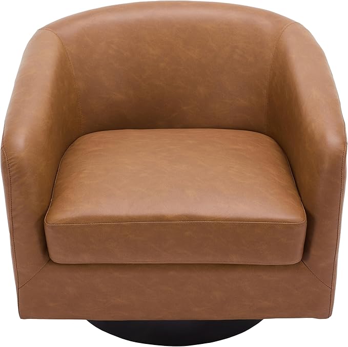 UIXE 360° Swivel Barrel Accent Chair Armchair, PU Leather Round Club Arm Chair for Lving Room, Modern Upholstered Small Bedroom Single Sofa Seat - Brown, Set of 1