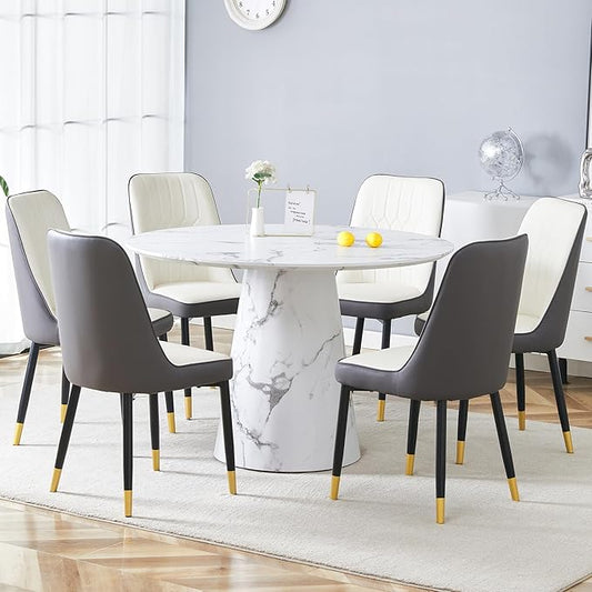 45 Inch Round Dining Table Set for 6, 7 Piece Kitchen Table and Chairs Set, White Faux Marble Table Top, Small Space Dining Set for Apartment or Dining Room