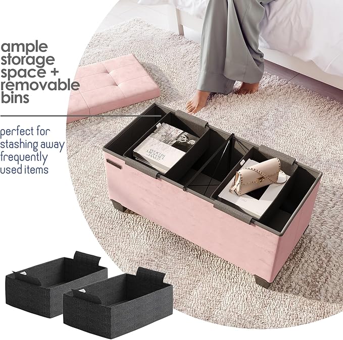 STORAGEBUD Storage Ottoman Bench with Bins, 30-in Storage Bench for Bedroom End of Bed, Folding Foot Rest Ottoman for Living Room Max 660lbs, Velvet Ottomans, Pink