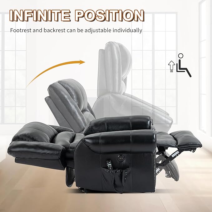 Power Lift Recliner Chair for Elderly, Dual Motor Massage Recliner with Lumbar Heat, Heavy Duty Motion Mechanism Lift Chair with Charge Ports, Genuine Leather - Black