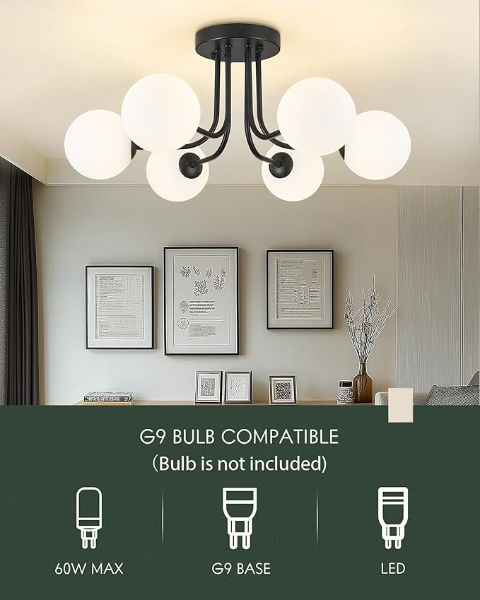 Matte Black Semi Flush Mount Ceiling Light in Modern Farmhouse Design Features 6 Frosted Glass Shades, Ideal for The Living Room, Bedroom, or Dining Room. Model:CKCL4845-6W-BK