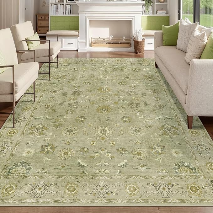 Tangsoo 8x10 Area Rug for Living Room, Washable Floral Vintage Indoor Non Slip Large Area Rugs, Print Distressed Flaxen Green Carpet, Soft Low Pile Foldable Floor Rugs for Bedroom Dining Room