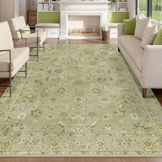 Tangsoo 8x10 Area Rug for Living Room, Washable Floral Vintage Indoor Non Slip Large Area Rugs, Print Distressed Flaxen Green Carpet, Soft Low Pile Foldable Floor Rugs for Bedroom Dining Room