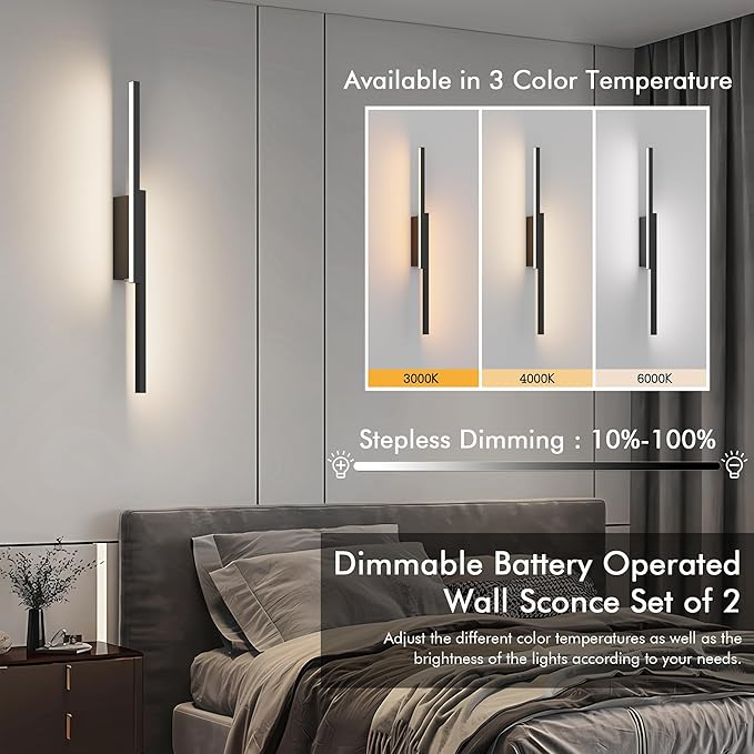 Aipsun Symmetrical Black Battery Operated Wall Sconce Set of 2, 10,000mAh Rechargeable Wall Sconce Lighting Dimmable Wireless Wall Lights for Living Room,Bedroom (2 Pack)