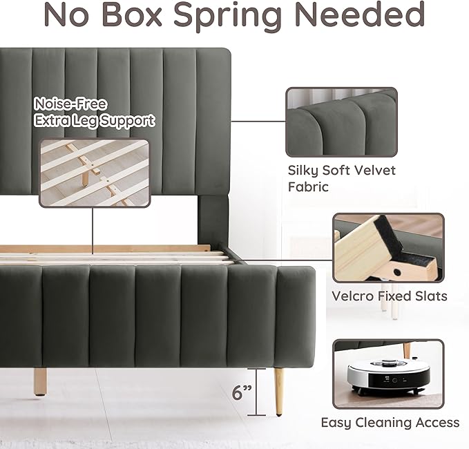 Livinia King Size Elton Velvet Platform Bed, Upholstered Bed Frame with Vertical Channel Tufted Headboard Footboard, Strong Wood Slats, No Box Spring Needed, Gray (King)