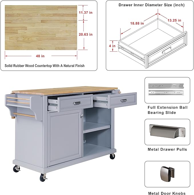 Mobile Kitchen Island on 5 Universal Wheels, Greenguard Gold Certified, Stationary Storage Island with 5 Wood Cabinet Feet, Utility Kitchen Island Cart with Drop-Leaf and Storage for Kitchen (Gray)