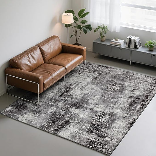 Abstract Area Rug 5x8 Rugs, Machine Washable Rug Non-Slip Low Pile Rug for Living Room, Bedroom, Farmhouse, Dining Room, Black&Grey