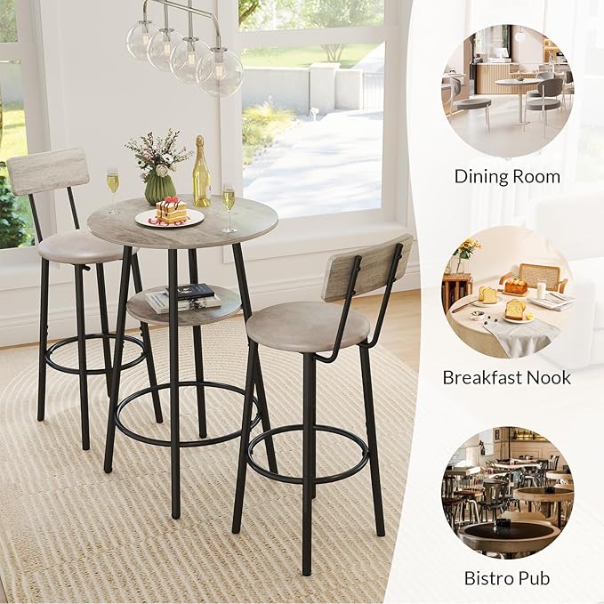 3 Pieces Round Bar Table Set, Small Dining Table for 2, Breakfast Table with Storage, Modern Kitchen Bar Table, 2 Upholstered Stools with Backrest for Kitchen, Dining Room & Bistro-Grey