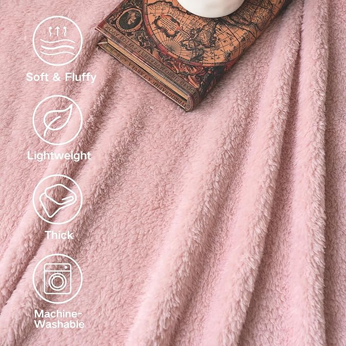 Sherpa Throw Blanket for Bed, Super Soft Cozy Fuzzy Plush Blankets for Winter, Reversible Thick Warm Blanket for Bed, Couch, Living Room, Pink, Throw Size 50"x 60"