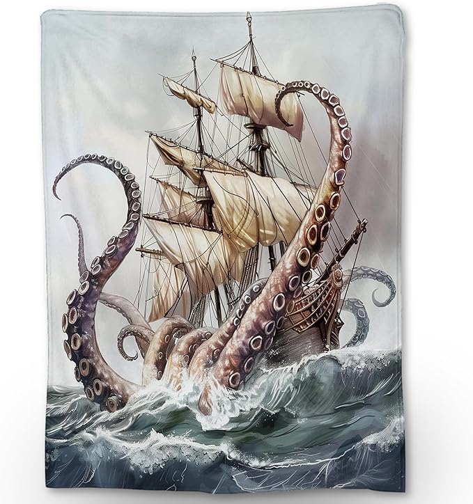 Octopus Nautical Blanket - Ultra Soft, Fluffy, Lightweight Flannel Throw Blankets for Couch, Bed, Travel, Outdoor - Cozy, Fuzzy Animal Home Decor, for Adults Kids Men Boys 50×40 in