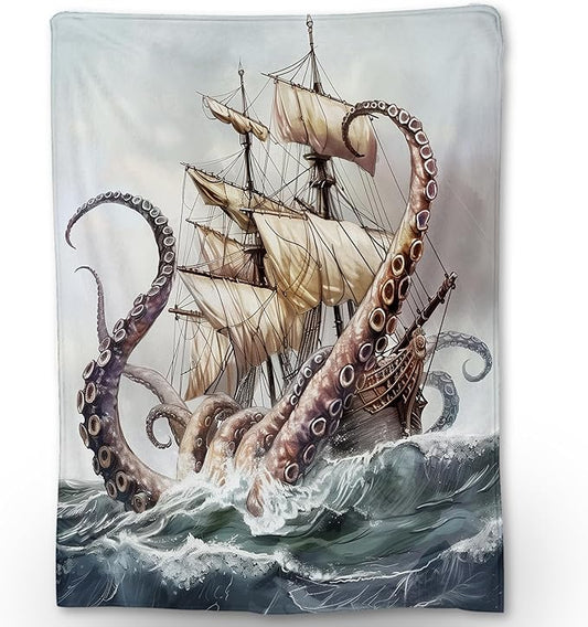 Octopus Nautical Blanket - Ultra Soft, Fluffy, Lightweight Flannel Throw Blankets for Couch, Bed, Travel, Outdoor - Cozy, Fuzzy Animal Home Decor, for Adults Kids Men Boys 80×60 in