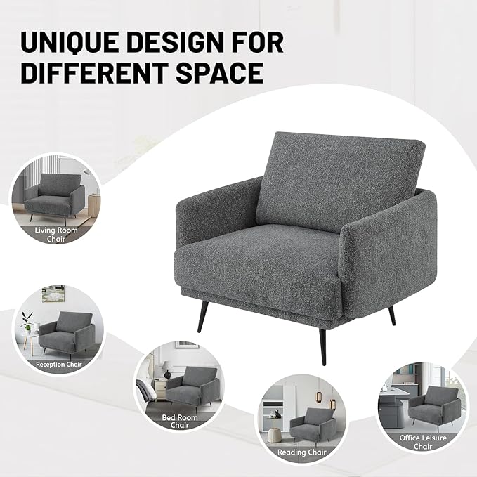 Oversized Accent Chair for Living Room Chairs Reading Arm Chair Comfy Modern Single Sofa Side Chairs with Metal Legs & Soft Cushion for Bedroom, Balcony,Waiting Room(Chenille, Dark Grey)