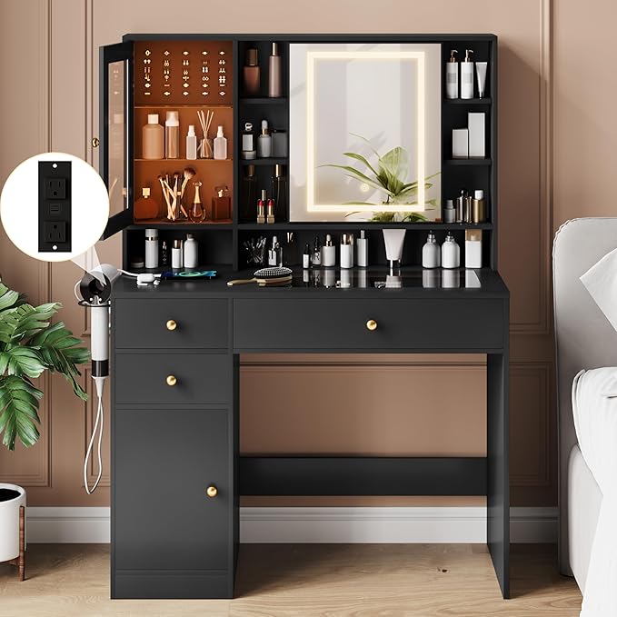 Makeup Vanity Desk with Mirror and Lights, Black Vanity with Glass Top, Jewelry Storage, Power Outlets, 3 Drawers & 2 Cabinets, Adjustable LED Lighting, Dressing Table for Women & Girls Bedroom