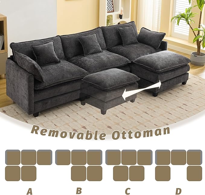 111'' Sectional Cloud Deep Seat Couch, Oversized Chenille U Shaped Sectional Sofa for Living Room Set, Comfy Upholstered Modular 5-Seats Sectional Sofa Couch with 2 Movable Ottoman, Dark Grey