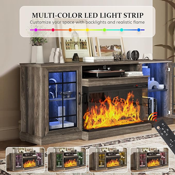 MXV 70'' Fireplace TV Stand, Farmhouse Entertainment Center with 3 Sided Glass TV Stand, Modern Media Console Table with Storage Drawers & Cabinets with LED Flame and Lights for Living Room, Gray