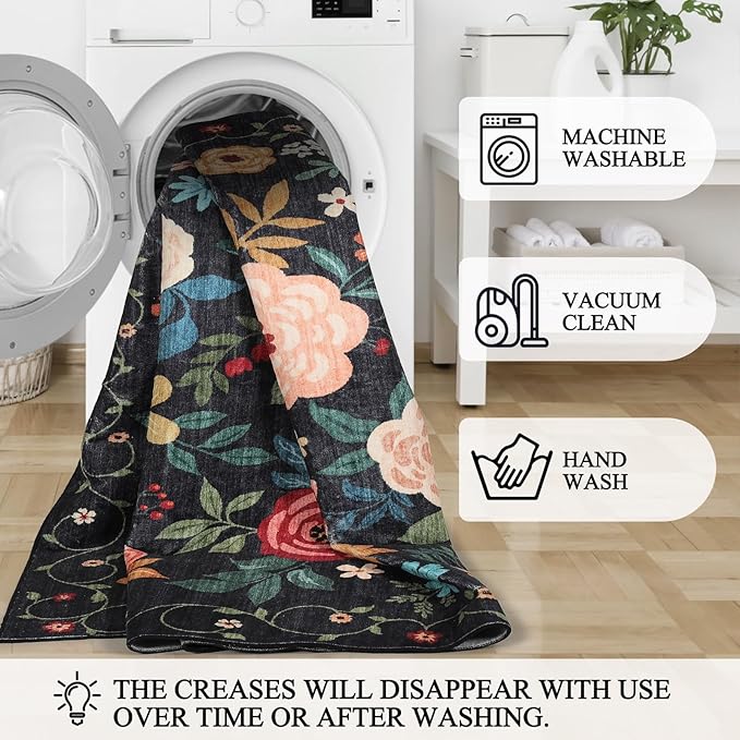 DUKINO 4x6 Feet Office Chair Mat, Lightweight Non Slip Washable Floral Area Rug, Indoor Low Pile & Non-Shedding Boho Design Rugs for Bedroom, Living Room, Dining Room, Black