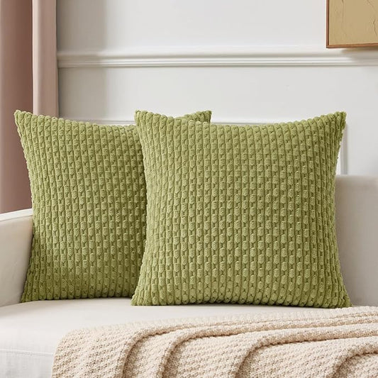 Kevin Textile Decorative Pillow Covers Set of 2 Striped Plush Corduroy Pillows Pillowcases Boho Home Decor Cushion Covers for Couch Sofa Bed Living Room 20x20 Inch, Grass Green