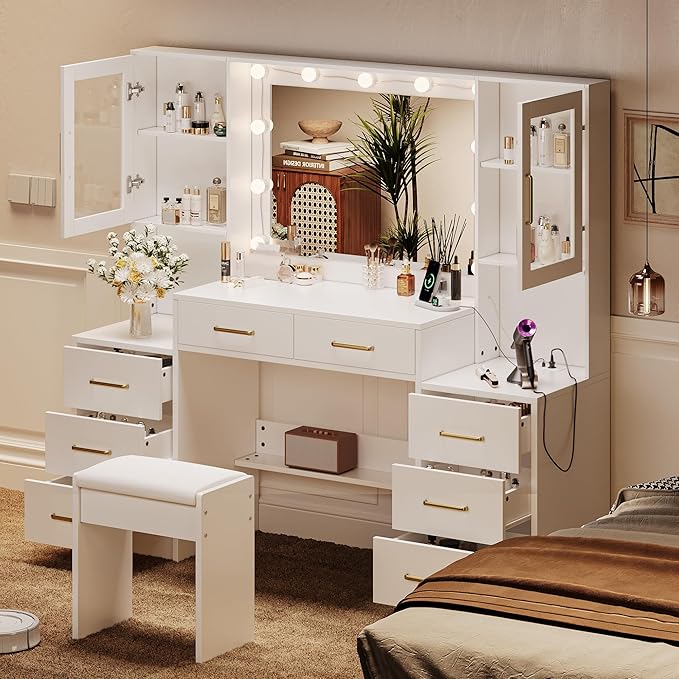 58.2” Vanity Desk with Mirror and Lights & Charging Station, Bedroom Dressing Table, Large Vanity Set with Cushioned Stool, 8 Drawers and 2 Cabinets, Makeup Vanity Table with Charging Station