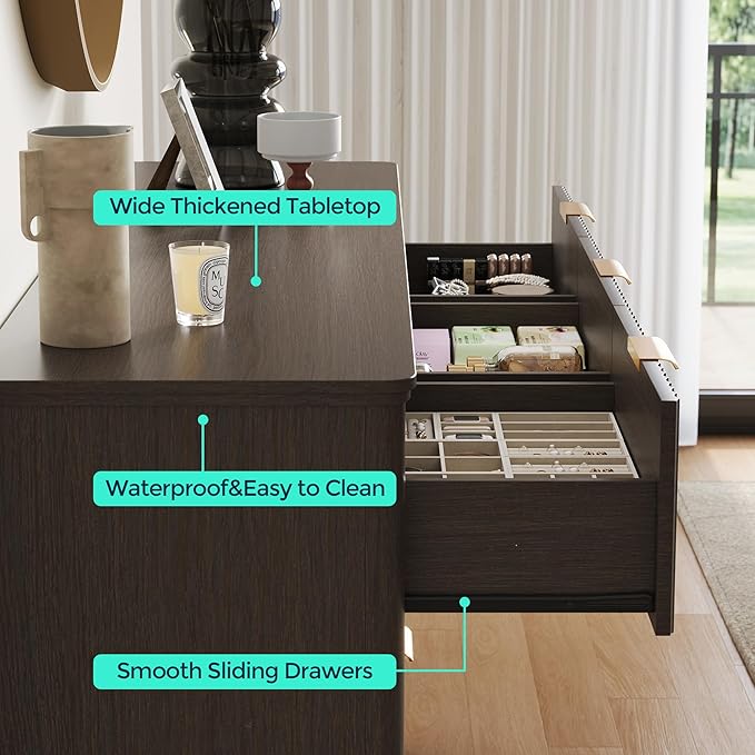 LINSY 9 Drawer Double Dresser for Bedroom, Modern Fluted Wood Chest of Drawers with Gold Metal Handles, Wide Storage Dresser TV Stand for Bedroom, Living Room, Entryway, Walnut