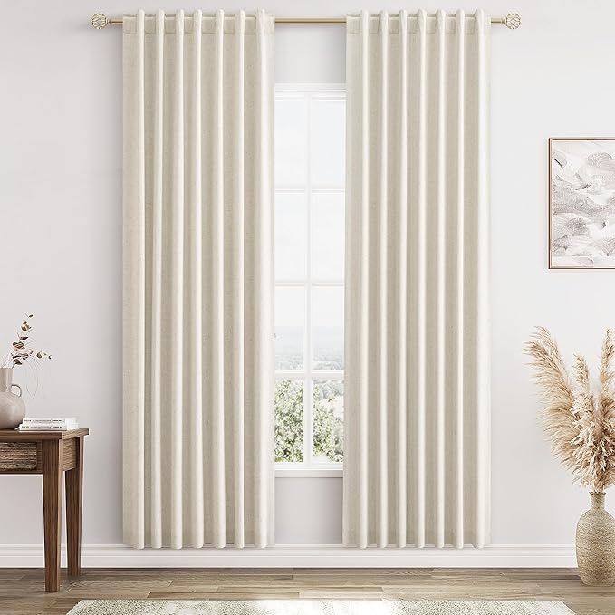 Guken Beige Cream Linen Blackout Curtains 80 Inch Length 2 Panels Set for Living Room Bedroom Back Tab Thermal Insulated 100% Black Out Linen Drapes Room Darkening Window Curtains 80 Inches Long