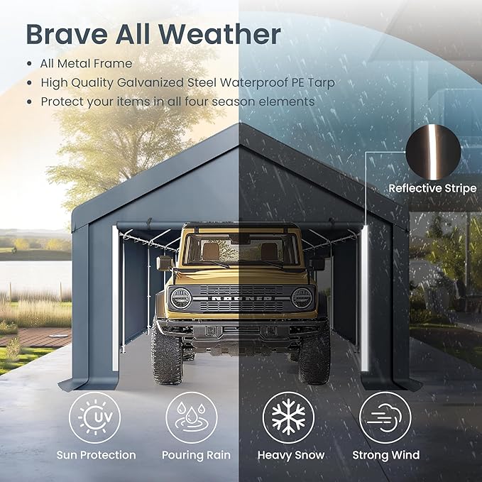 PHI VILLA 13'x24'x9.6' Outdoor Portable Storage Shelter Shed Garage with Roll up Zipper Doors & Vents Carport for Motorcycle Waterproof and UV Resistant Anti-Snow Portable Garage Kit Tent, Gray