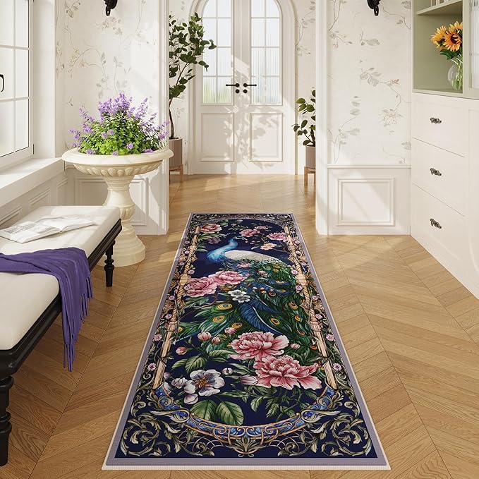Runner Rug for Kitchen 2'6"x8' Washable Rugs with Rubber Backing Soft Floral Peacock Floral Animal Carpet Runner for Kitchen, Laundry, Bedroom, Bathroom (Cobalt Blue)