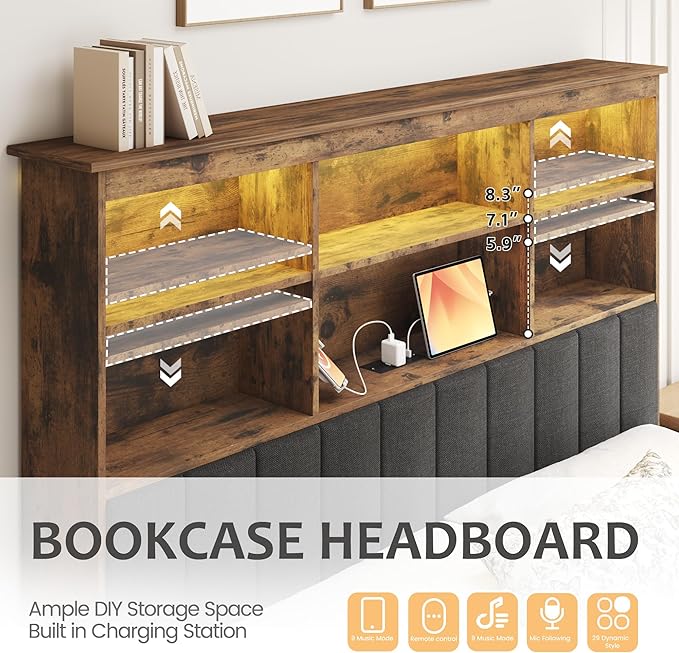 HISOFT Full Bed Frame with Headboard, Wood Bed Frame with High Storage Bookcase, 4 Storage Drawers & LED & Charging Station,No Box Spring Needed/Noise Free/All-Metal Support, Vintage Brown