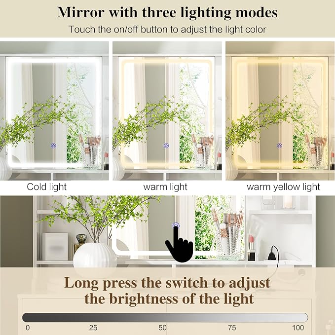 Makeup Vanity Desk with Mirror and Lights, Vanity Desk with 8 Drawers & Storage Shelves, Vanity Table with Power Outlet, 3 Color Modes & Adjustable Brightness Dressing Table, Bedroom,White2