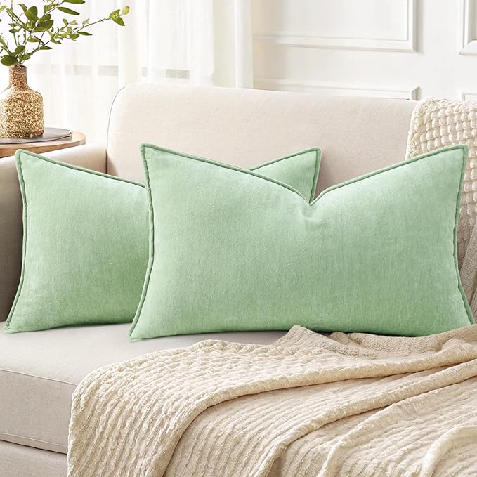 decorUhome Couch Throw Pillow Covers 12x20 Set of 2, Decorative Soft Euro Neutral Chenille Lumbar Pillow Covers with Elegant Design for Sofa Bed Living Room Home Decor, Sage Green