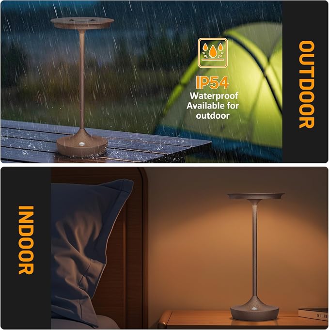 LED Rechargeable Cordless Table Lamps, Portable Outdoor Battery Operated Table Light 3 Color Stepless Dimming Table Lamp with Memory Function for Patio Restaurant Dining Room Rust