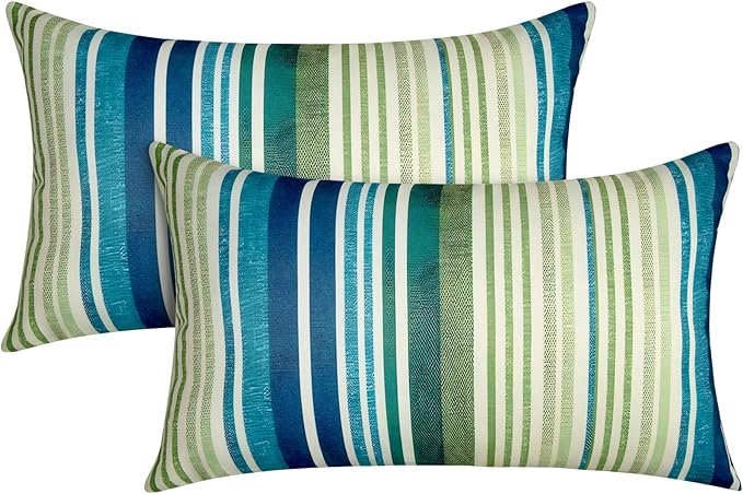 Pack of 2 12x20 Outdoor Pillows, Waterproof Throw Pillows with Inserts, Decorative Lumbar Pillows for Patio, Garden, Couch, Furniture, Sofa, Bed, Living Room(Stripe Blue Green)