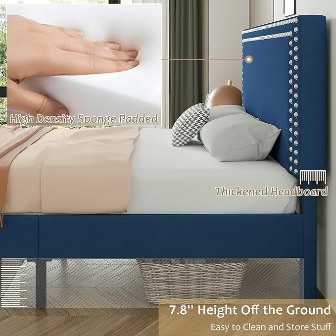 VECELO Queen Size Bed Frame with Adjustable Upholstered Headboard, Wooden Slats Platform, Noise-Free Design, Easy Assembly