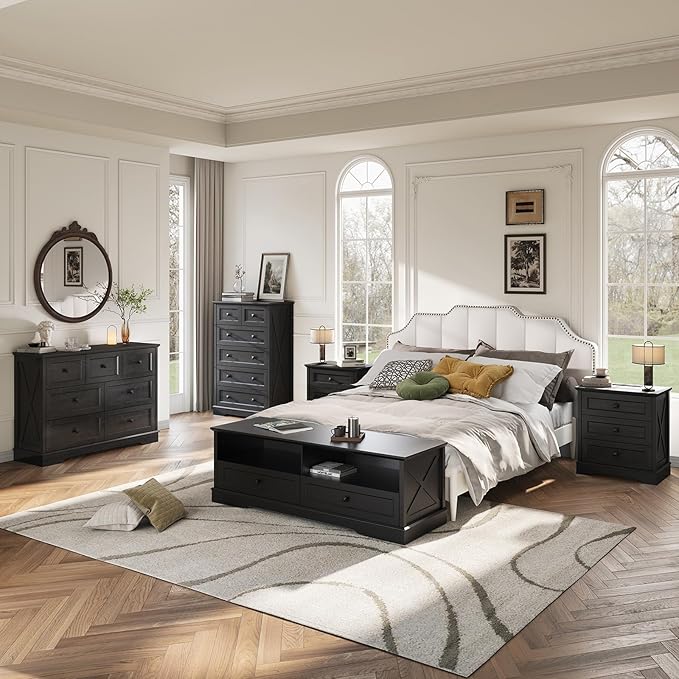 Farmhouse 3 Drawers Dresser for Bedroom, Rustic Small Chest of Drawers with Charging Station, Wood Closet Organizers, Black Modern Tall Nightstand/End Table for Bedroom, Living Room, Entryway