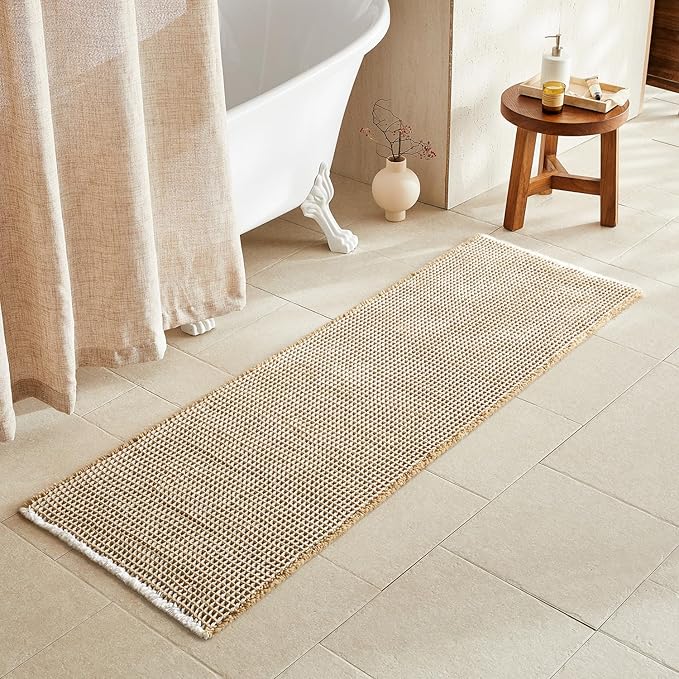 Waffle Runner Rug Bathroom, Long Boho Bathroom Rugs Non Slip Washable Super Absorbent Quick Dry Farmhouse Bath Decor, 72"x24" Khaki and White