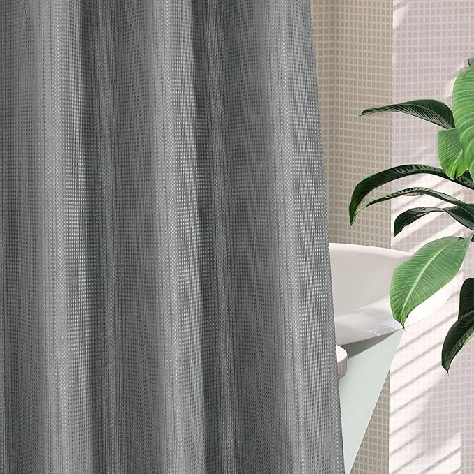 MitoVilla Grey Waffle Small Stall Shower Curtain 36 x 74, No Hooks Required Half Size Narrow Fabric Shower Curtain Set with Snap-in Liner for Modern Bathroom Decor