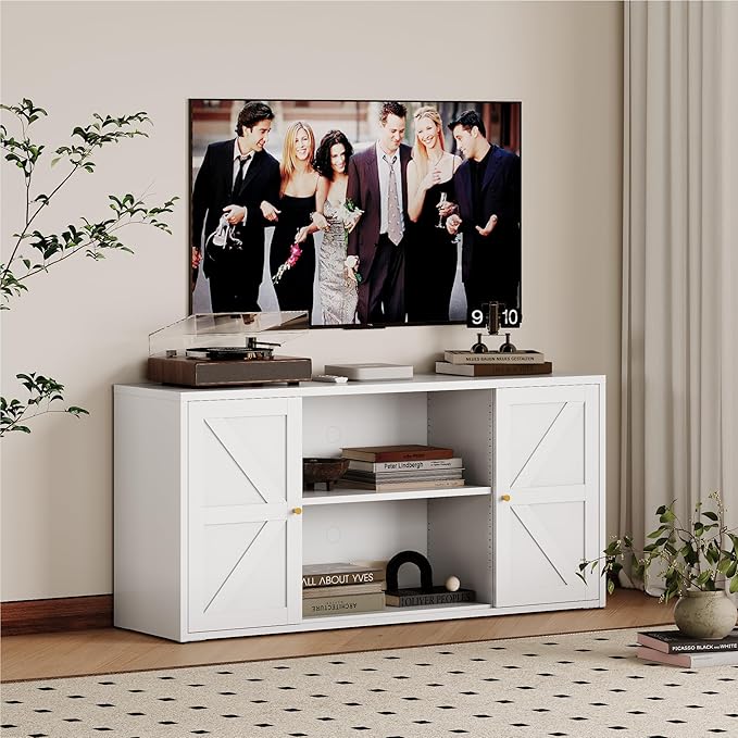 Modern Steel TV Stand Entertainment Center with Adjustable Shelves, Hidden Storage, Cable Management for TVs 43-65 inches - White