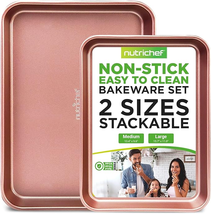 NutriChef 2-Piece Nonstick Cookie Sheets for Baking - Premium Medium & Large Size Baking Sheet Set - Thick Carbon Steel Bakeware Trays - Dishwasher Safe, Rose Gold