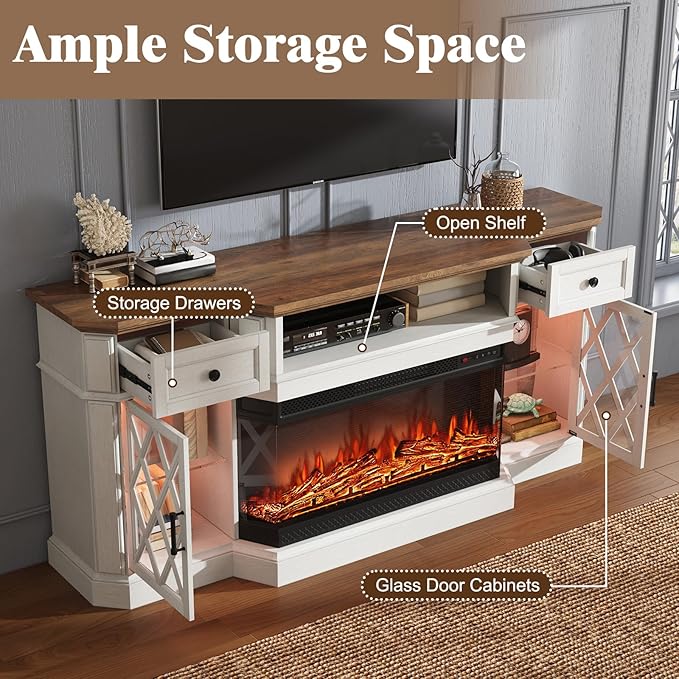 Farmhouse TV Stand with 3-Sided Glass Fireplace, 70" Entertainment Center for TVs up to 80", TV Stand with Glass Doors/Adjustable 12 Color Flame for Living Room, Distressed White
