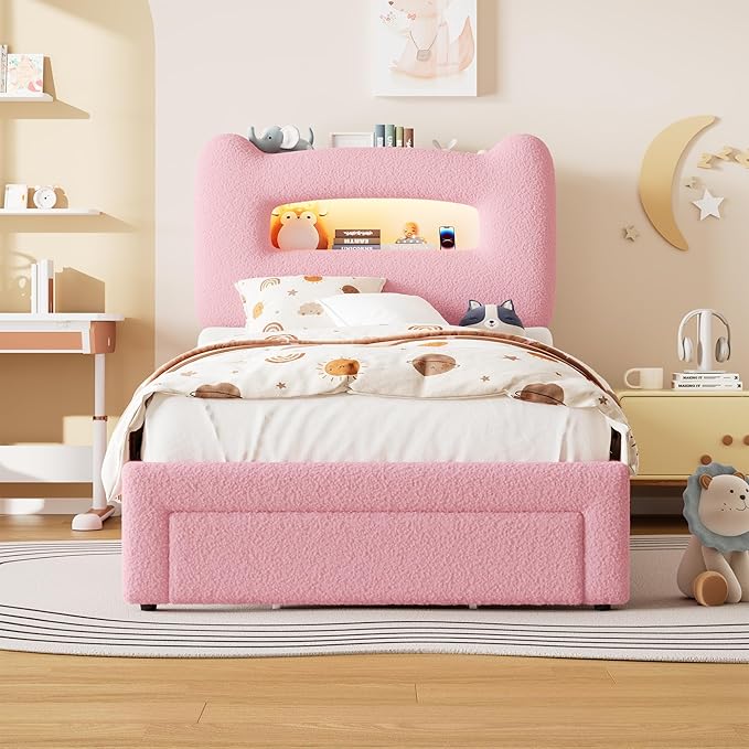 GarveeHome Upholstered Twin Bed Frame with 2-Tier Storage Headboard, LED Platform Bed with Charging Station and Drawer for Kids/Girls/Boys, Heavy Duty Metal Support, No Box Spring Needed, Pink