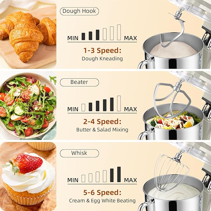 8.45 QT Stand Mixer - 660W 6 Speed Large Capacity Kitchen Electric Mixer with Whisk Dough Hook Mixing Beater Household Food Mixer for Baking Cakes Cookie Bread Salad (White)