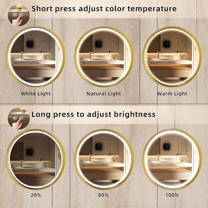 Hasipu 24 Round LED Mirror for Bathroom with Lights, Gold Circle Vanity Mirror for Wall, Metal Framed Frontlit Bathroom Mirrors Anti-Fog, Dimmable, 3 Colors Makeup Mirror Wall Mounted