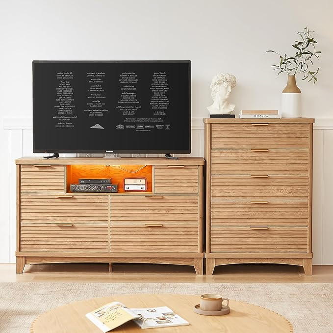 AOGLLATI Black Dresser for Bedroom with Slanted Louvre Design,Retro Chest of Drawers with Charging Station, Wooden Wide Led 6 Drawer Dresser for Bedroom,Living Room, Hallway, Wood